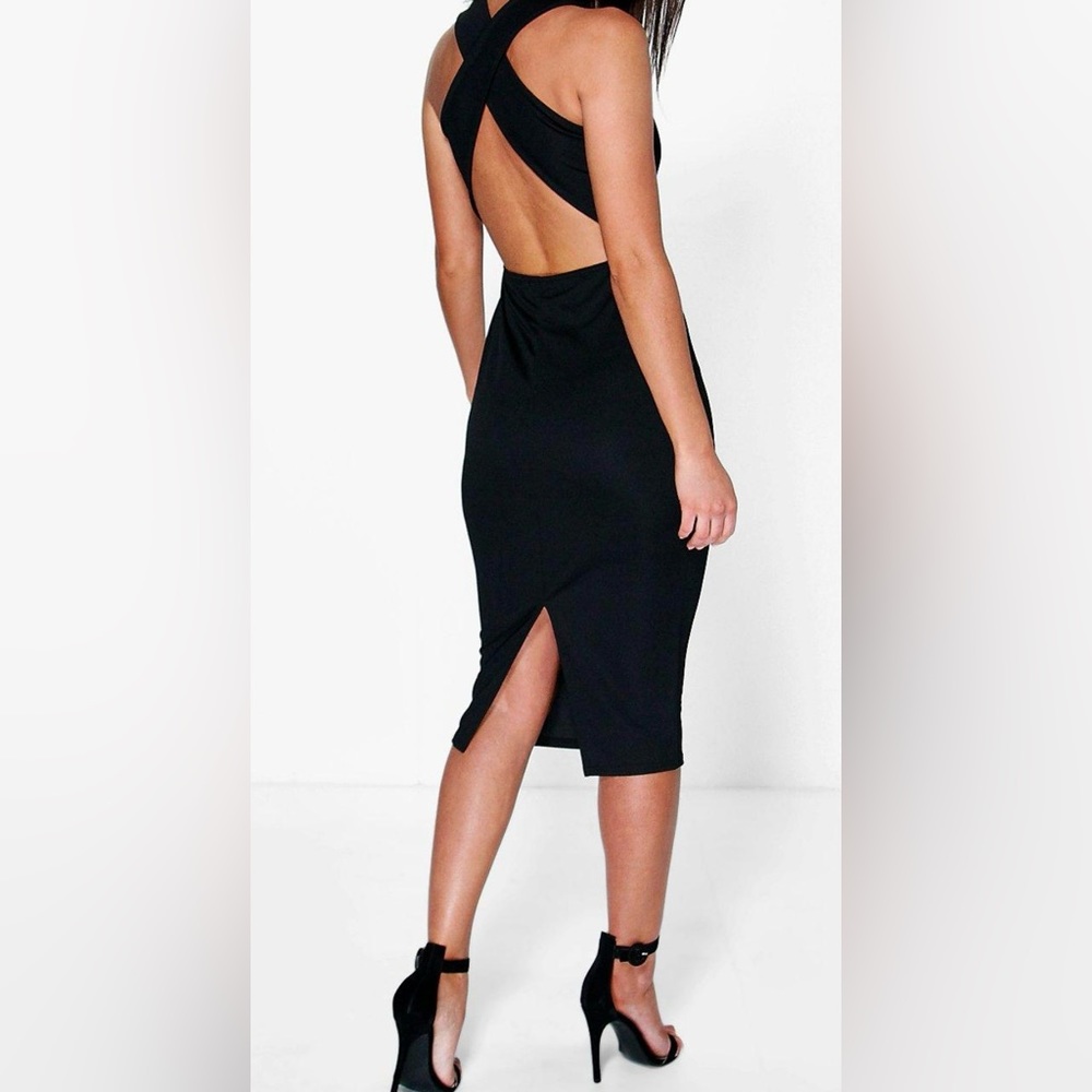 Boohoo Bodycon Dress Going Out Party Cocktail Cris Crossback Fitted Black Dress